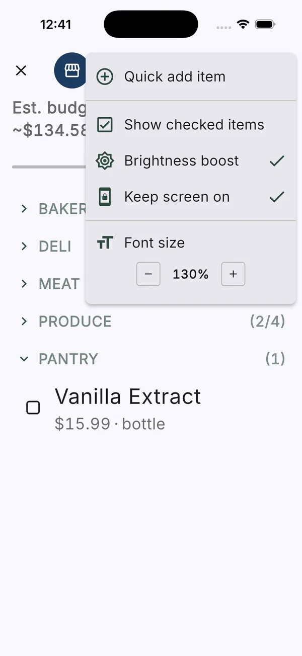 Shopping mode with large text, a brightness-boost and keep-screen-on toggle, and items being checked off