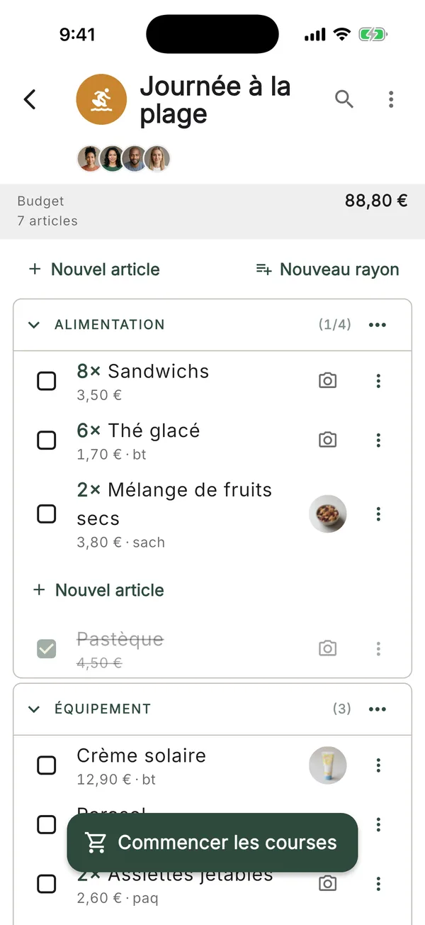 Une liste de courses classée par rayon, avec le prix des articles et un budget en cours
