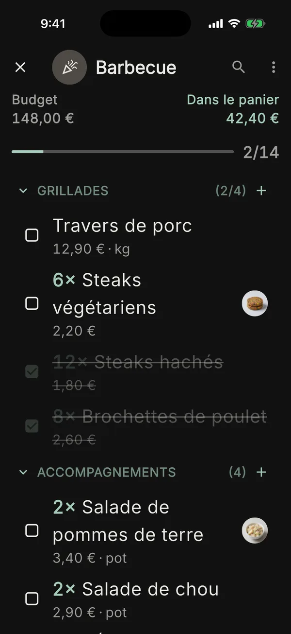 Une liste « Barbecue » en thème sombre, avec un budget, le total du panier et une barre de progression