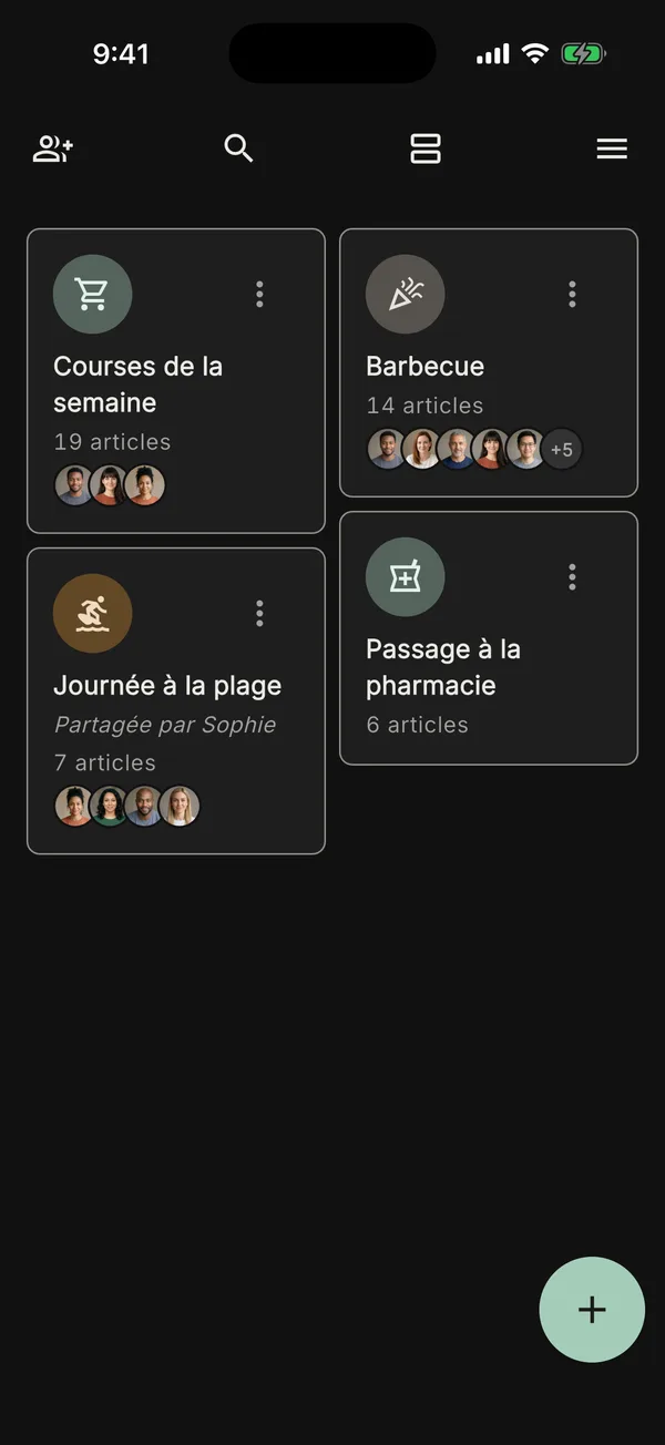 La vue en grille de toutes vos listes de courses