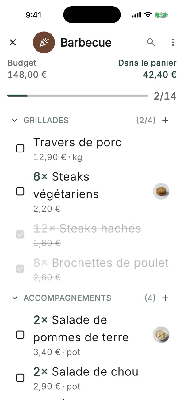 Le mode courses, en grand texte, avec un budget en cours, le total du panier et des articles cochés au fur et à mesure