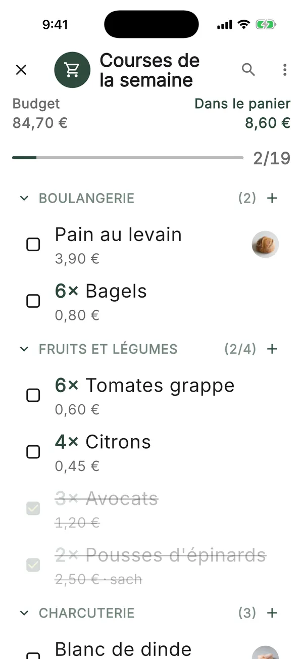 Une liste de courses de la semaine en mode courses, avec le budget, le total du panier et une barre de progression