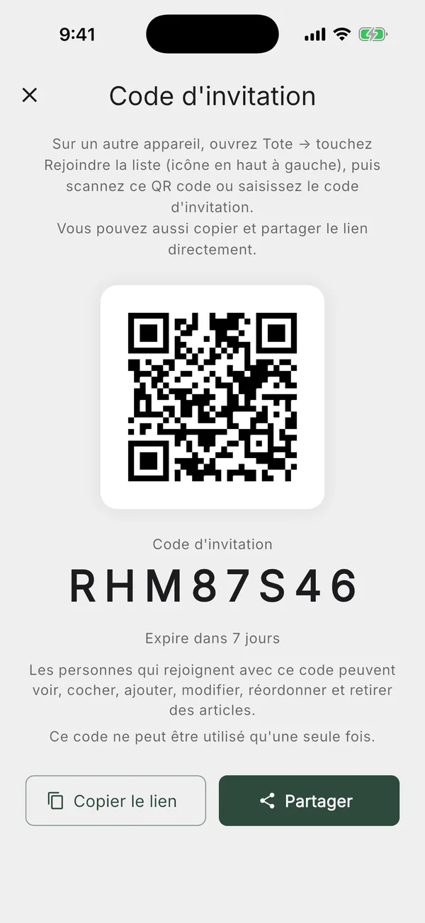L'écran de partage avec un QR code et un lien pour inviter des personnes sur une liste
