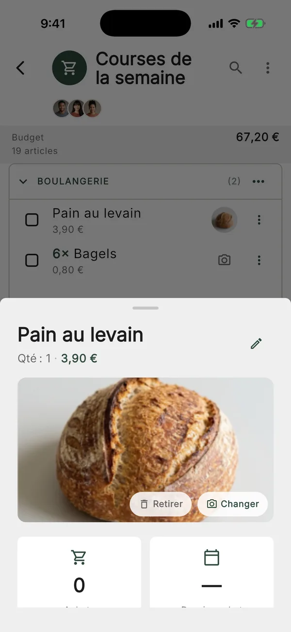 Le détail d'un article : quantité, prix unitaire, total et photo du produit