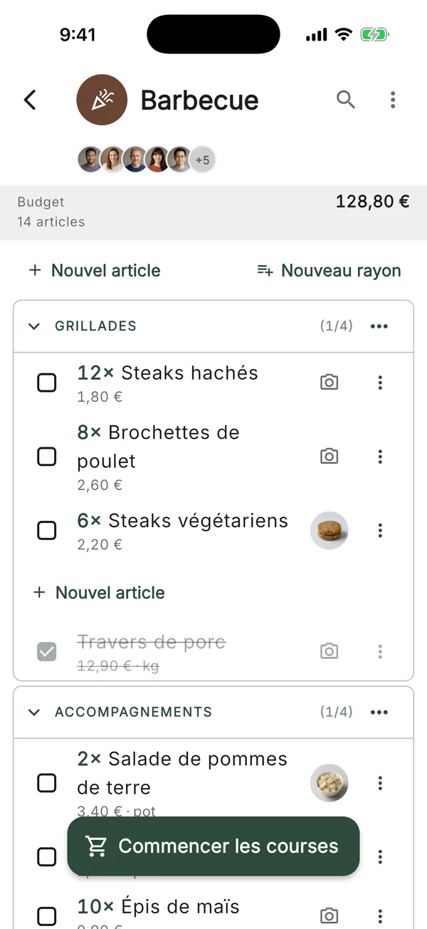 Une liste partagée avec plusieurs personnes, montrant tous ceux qui peuvent y ajouter des articles