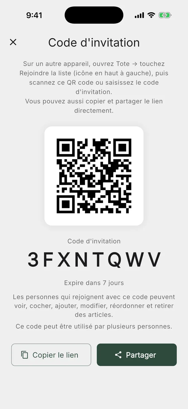 Un lien d'invitation réutilisable que tout le groupe peut utiliser pour rejoindre la liste