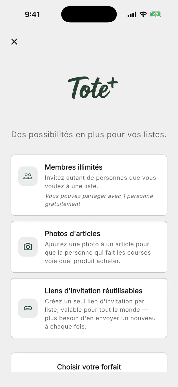 L'écran Tote+ avec les forfaits mensuel, annuel et à vie
