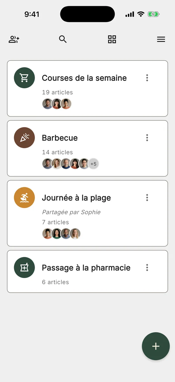L'écran d'accueil en thème clair, avec vos listes partagées