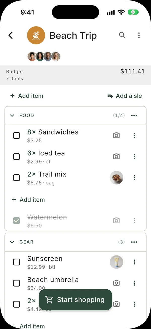 A shopping list organized by aisle with item prices and a running budget
