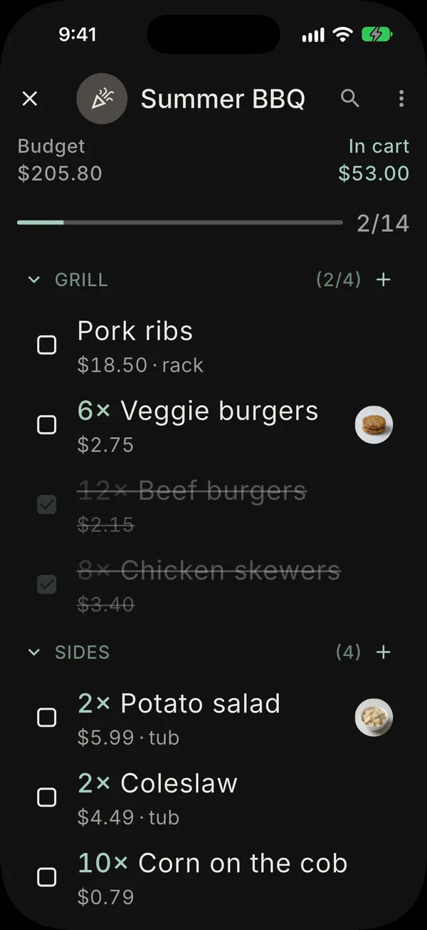 A dark-mode BBQ Party list showing a budget, in-cart total and a progress bar