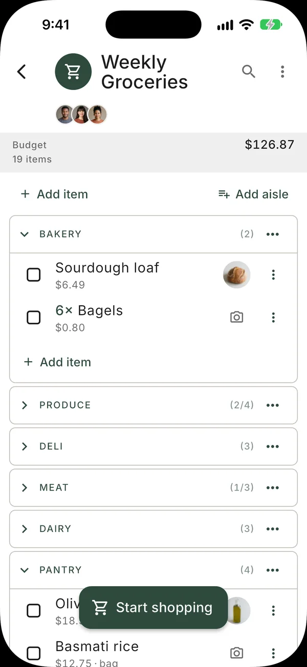 A shopping list organized by aisle with item prices and a running budget