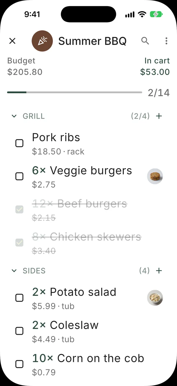 Shopping mode with large text, a running budget and in-cart total, and items being checked off