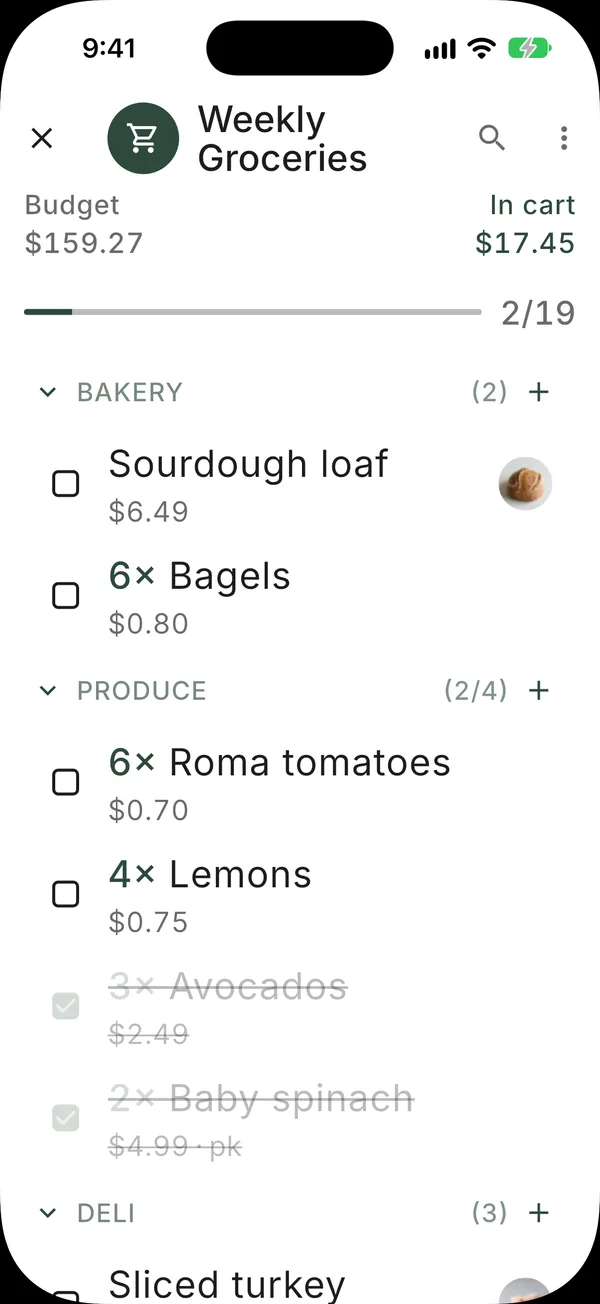 A weekly grocery list in shopping mode, showing the budget, the in-cart total and a progress bar