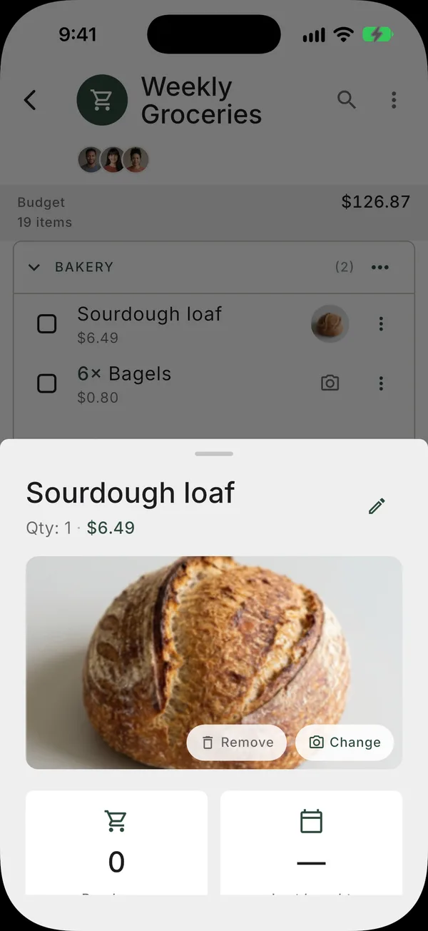 Item detail showing quantity, unit price, total and a product photo