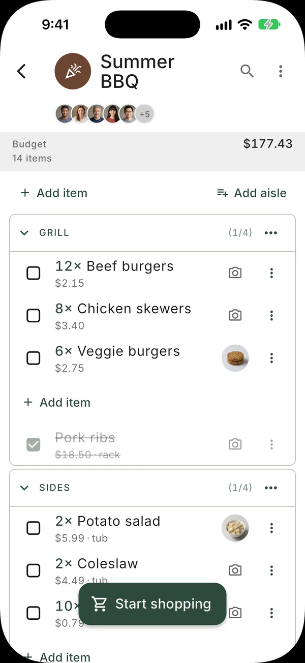 A list shared with several people, showing everyone who can add to it
