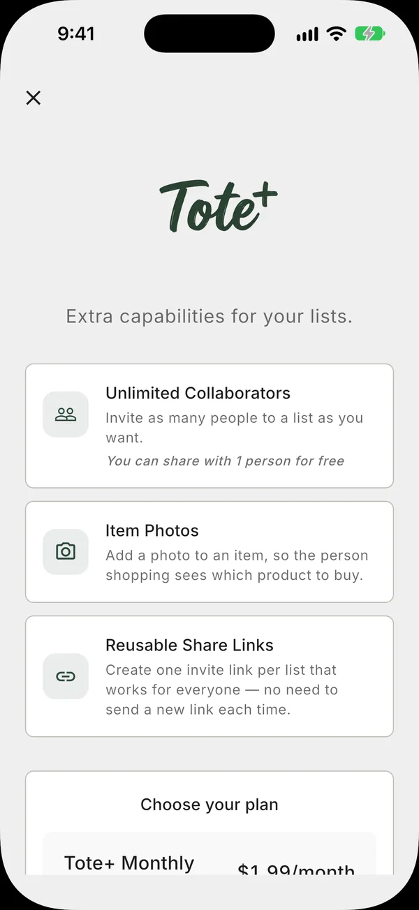 The Tote+ upgrade screen showing the monthly, annual and lifetime options