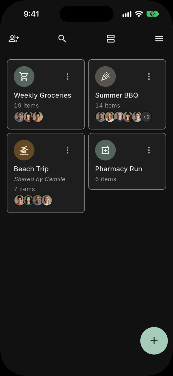 The home screen in dark mode, showing all your lists as tiles