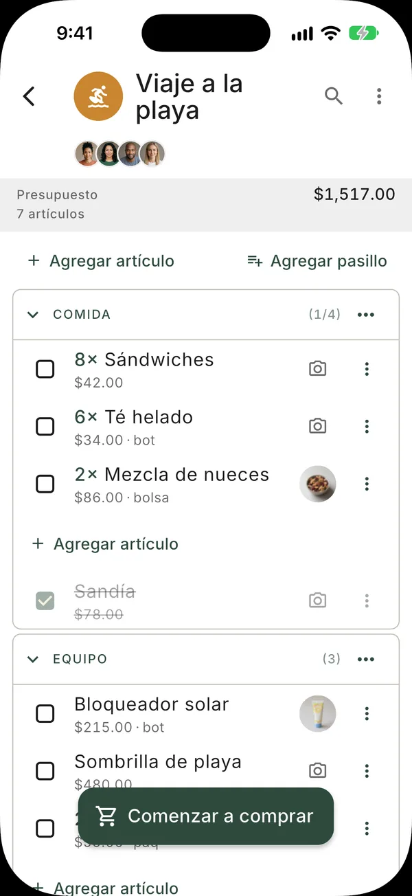 Una lista de compras organizada por pasillo, con precios de los artículos y el gasto acumulado