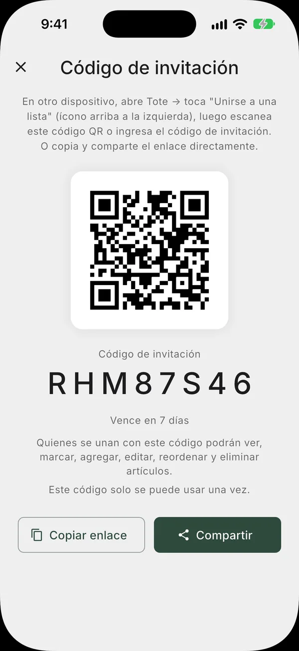 Pantalla de compartir con un código QR y un enlace para invitar personas a una lista