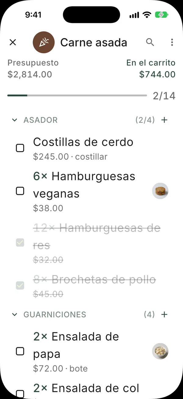 Modo de compra con texto grande, presupuesto y total en el carrito, y artículos que se van marcando