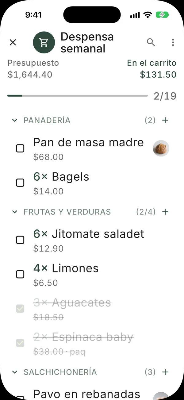 Una lista de compras semanal en modo de compra, con el presupuesto, el total en el carrito y una barra de progreso