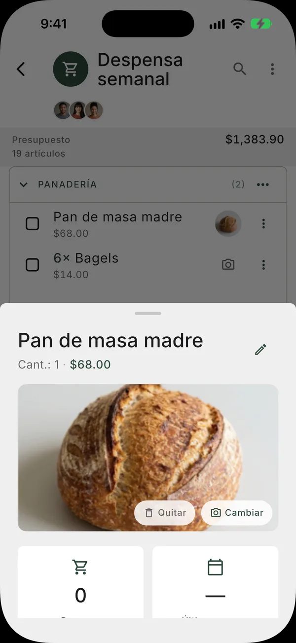 Detalle del artículo con cantidad, precio unitario, total y foto del producto