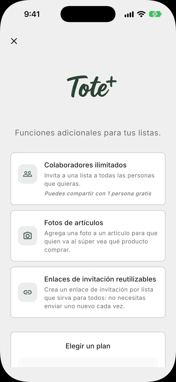 La pantalla para pasarte a Tote+ con las opciones mensual, anual y de compra única