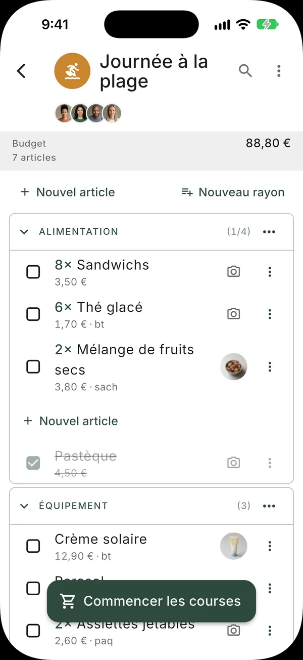 Une liste de courses classée par rayon, avec le prix des articles et un budget en cours