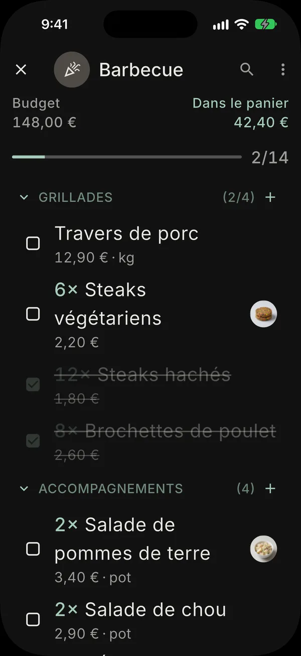 Une liste « Barbecue » en thème sombre, avec un budget, le total du panier et une barre de progression