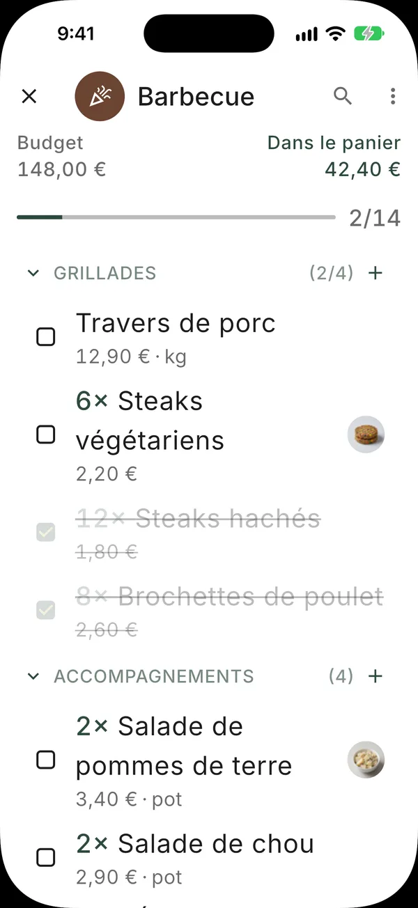 Le mode courses, en grand texte, avec un budget en cours, le total du panier et des articles cochés au fur et à mesure