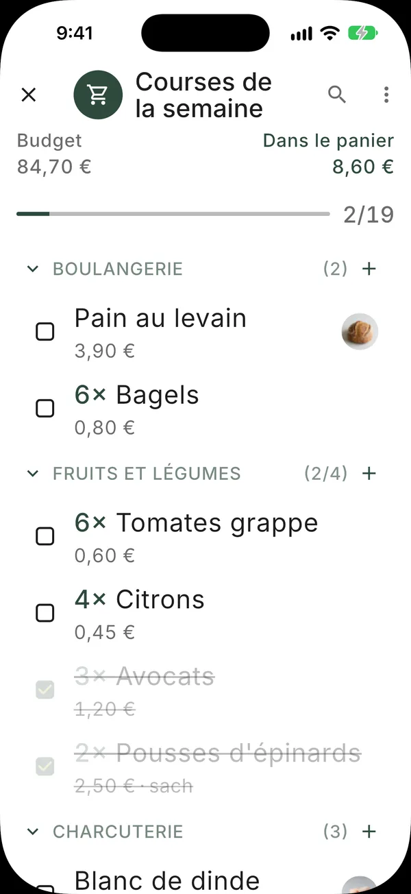 Une liste de courses de la semaine en mode courses, avec le budget, le total du panier et une barre de progression