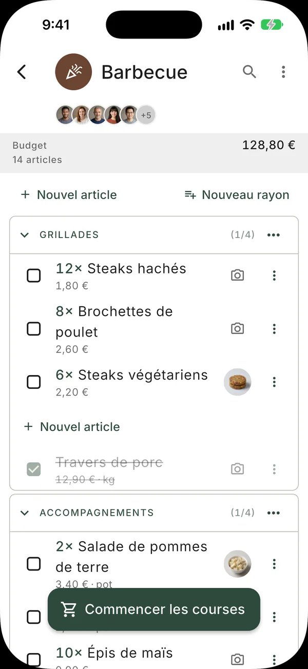 Une liste partagée avec plusieurs personnes, montrant tous ceux qui peuvent y ajouter des articles