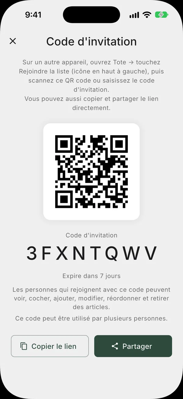Un lien d'invitation réutilisable que tout le groupe peut utiliser pour rejoindre la liste