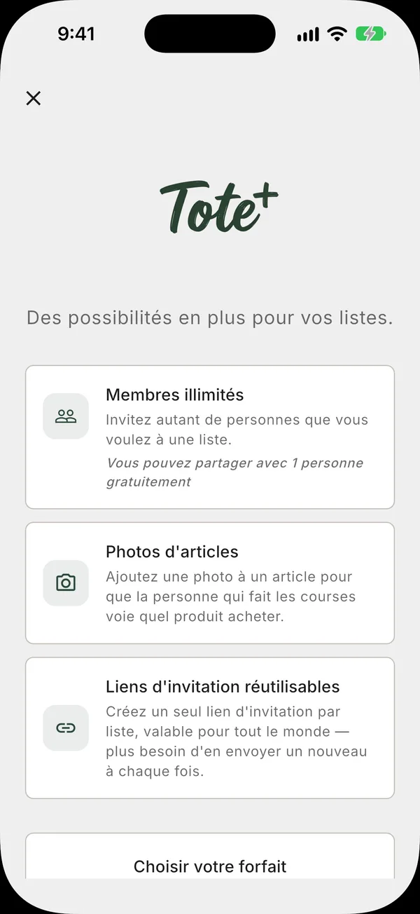 L'écran Tote+ avec les forfaits mensuel, annuel et à vie