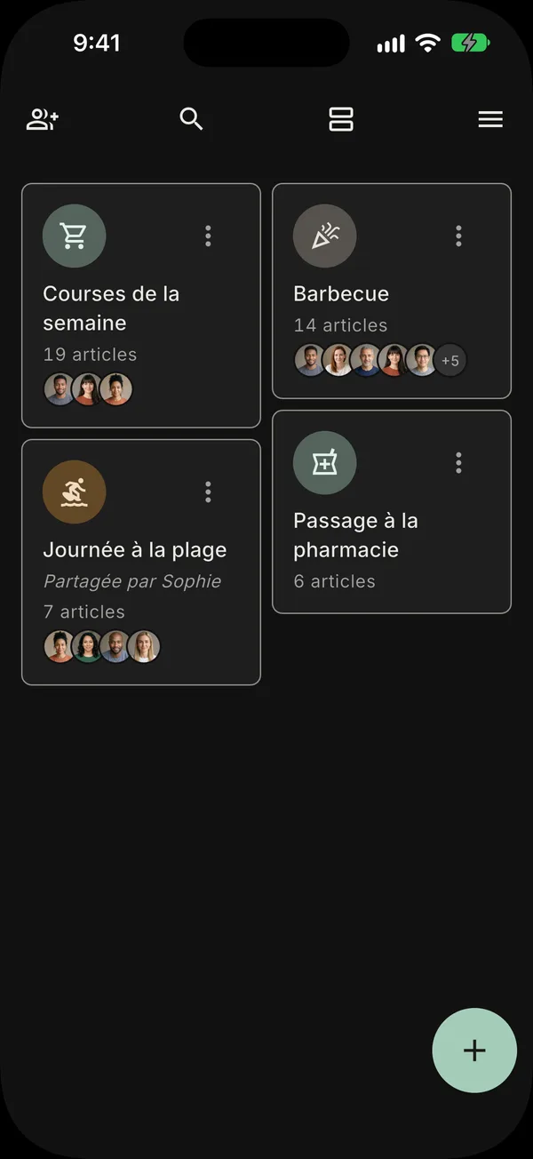 L'écran d'accueil en thème sombre, avec toutes vos listes en tuiles
