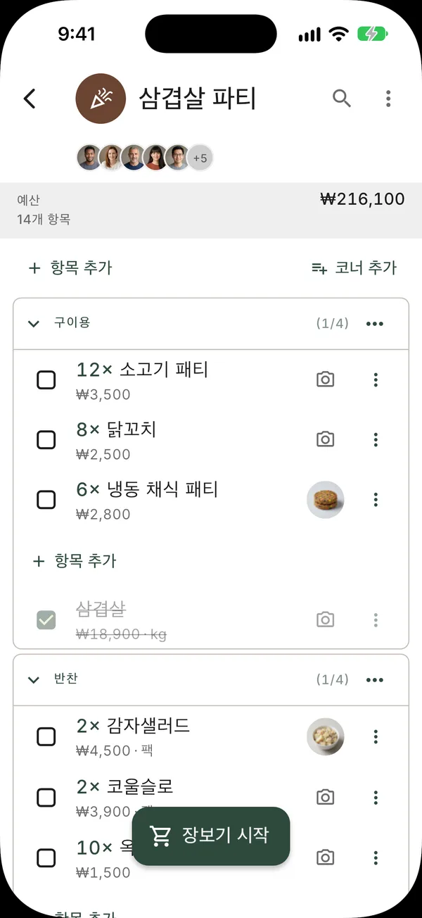 여러 사람과 공유된 목록, 항목을 추가할 수 있는 사람들이 모두 보이는 모습