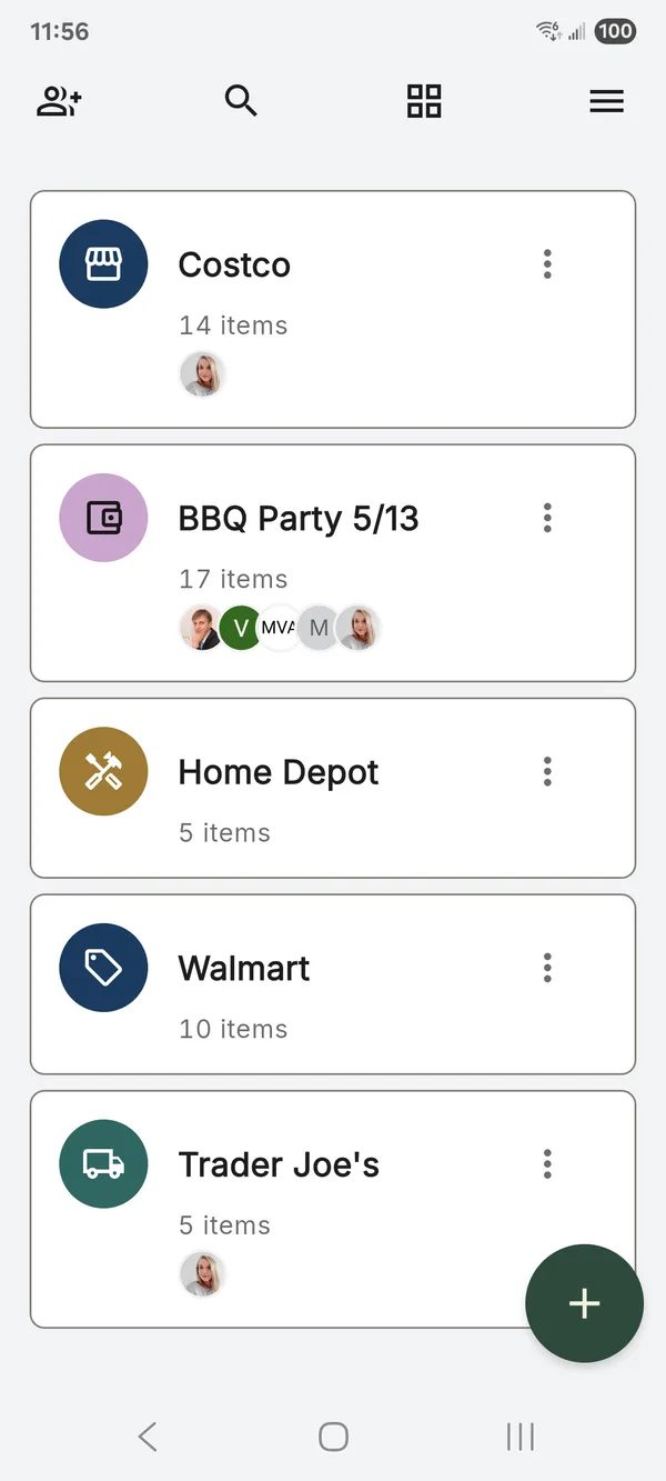 Tote home screen showing shared shopping lists, with household members on a shared BBQ list