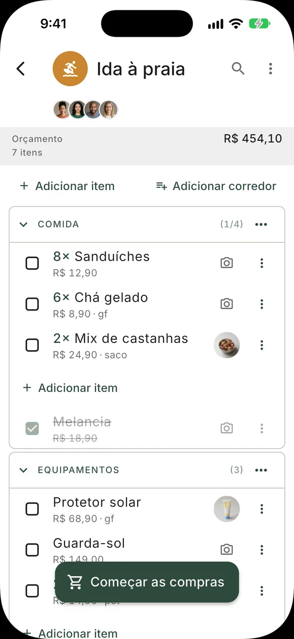 Uma lista de compras organizada por corredor, com os preços dos itens e o total gasto até o momento
