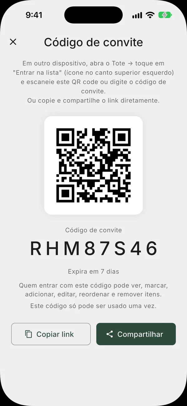 Tela de compartilhamento com QR code e link para convidar pessoas para uma lista