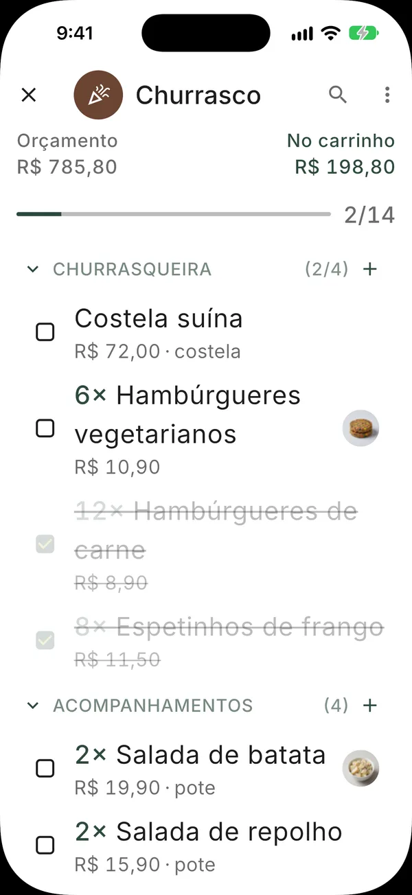 Modo de compras com texto grande, orçamento e total no carrinho, e itens sendo marcados