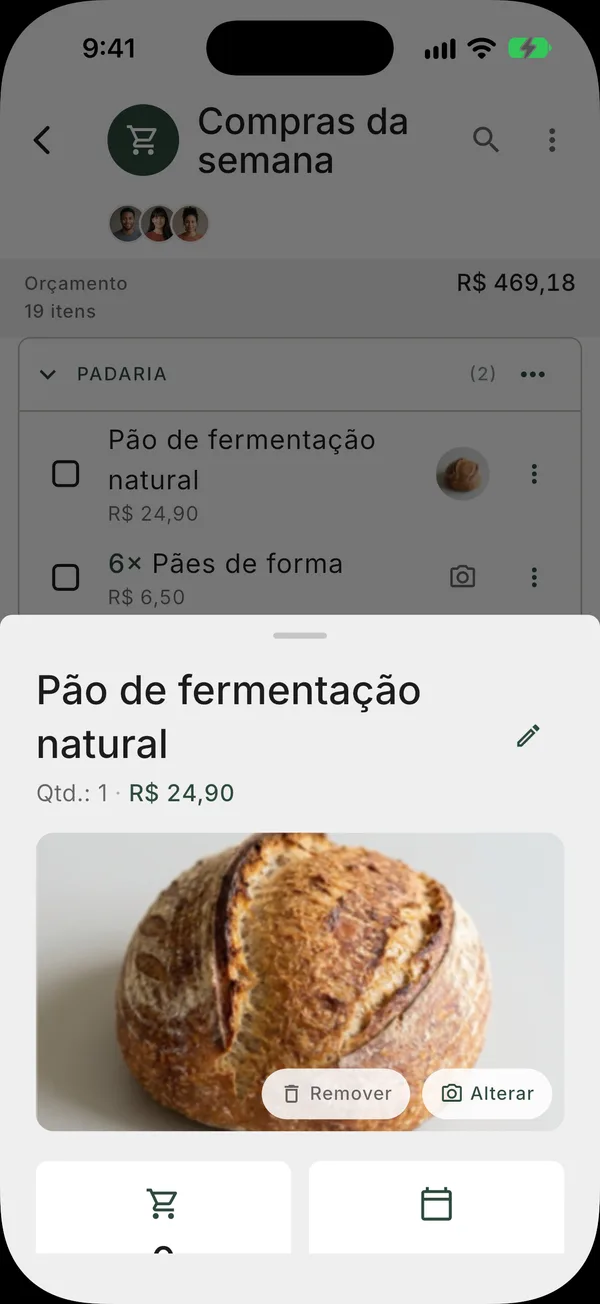 Detalhe do item com quantidade, preço unitário, total e foto do produto