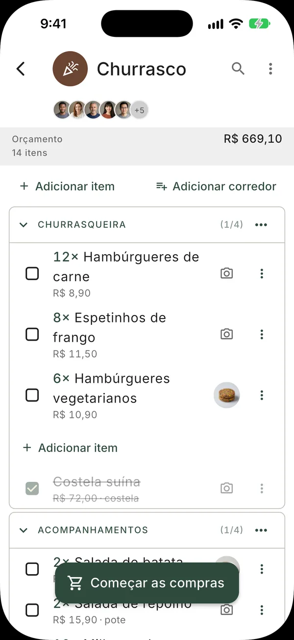 Uma lista compartilhada com várias pessoas, mostrando todo mundo que pode adicionar itens
