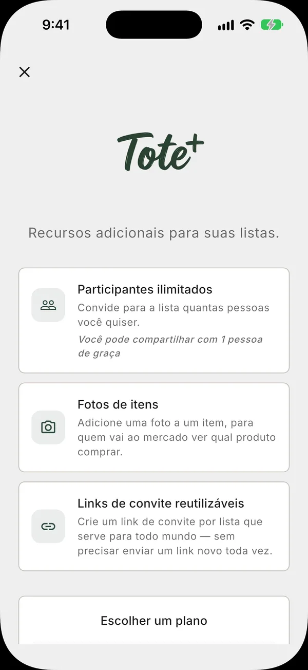 A tela do Tote+ com as opções mensal, anual e de compra única