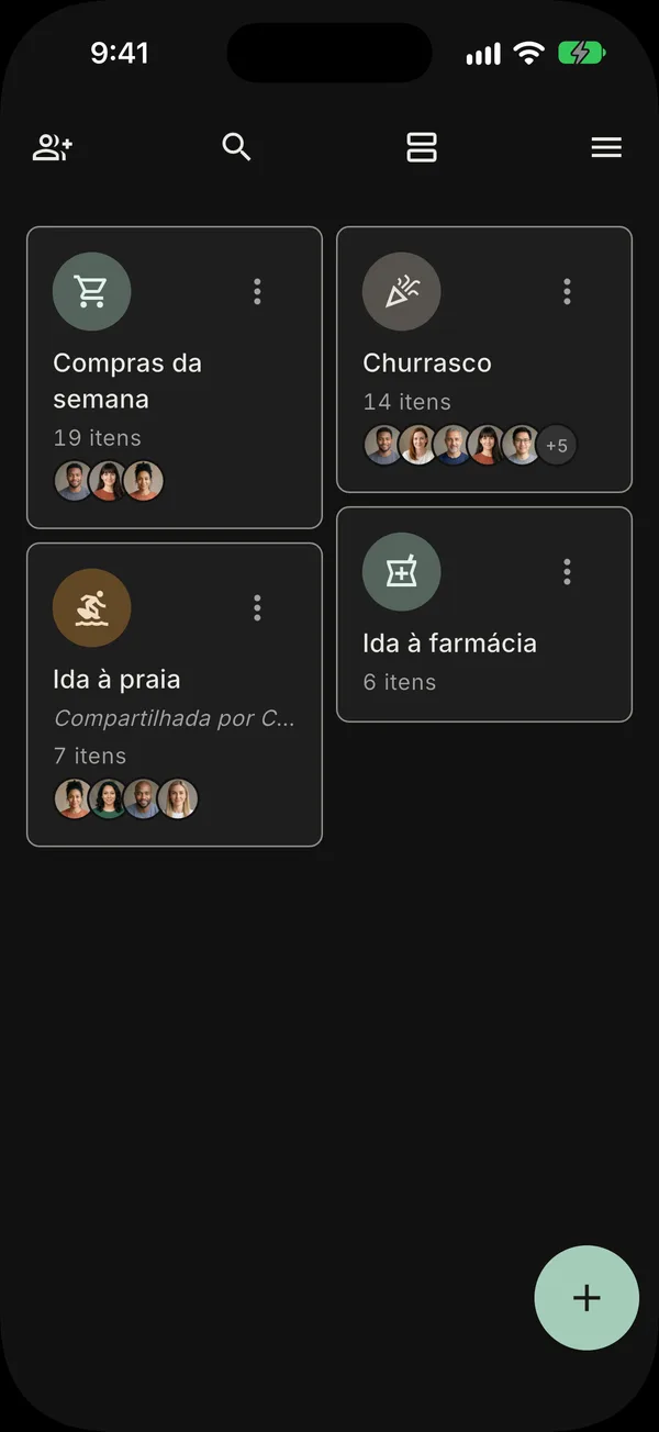 A tela inicial no modo escuro, com todas as suas listas em blocos