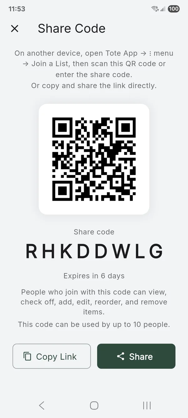 Share screen with a QR code and link to invite people to a list
